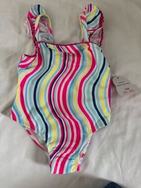 BUNDLE  5 One-Piece Swimsuits in Multicolor Wave Stripes for 18 mo, 2T 3T 4T  5T
